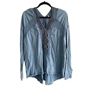 FREE PEOPLE Boho Popover Oversized V-Neck Blouse Blue XS